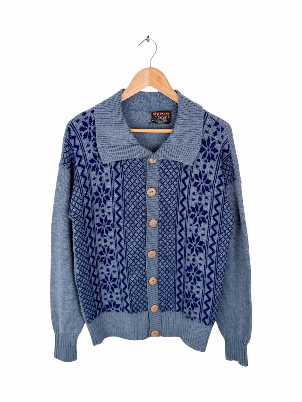 Campus Men’s XL Cardigan Sweater Nordic Fair Isle Snowflake Acrylic Vintage 70s